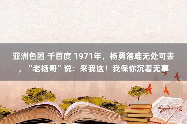 亚洲色图 千百度 1971年，杨勇落难无处可去，“老杨哥”说：来我这！我保你沉着无事