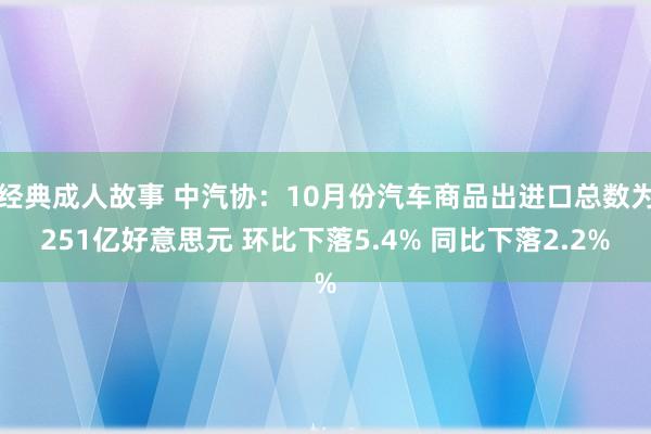 经典成人故事 中汽协:10月份汽车商品出进口总数为251亿好意思元 环比下落5.4% 同比下落2.2%
